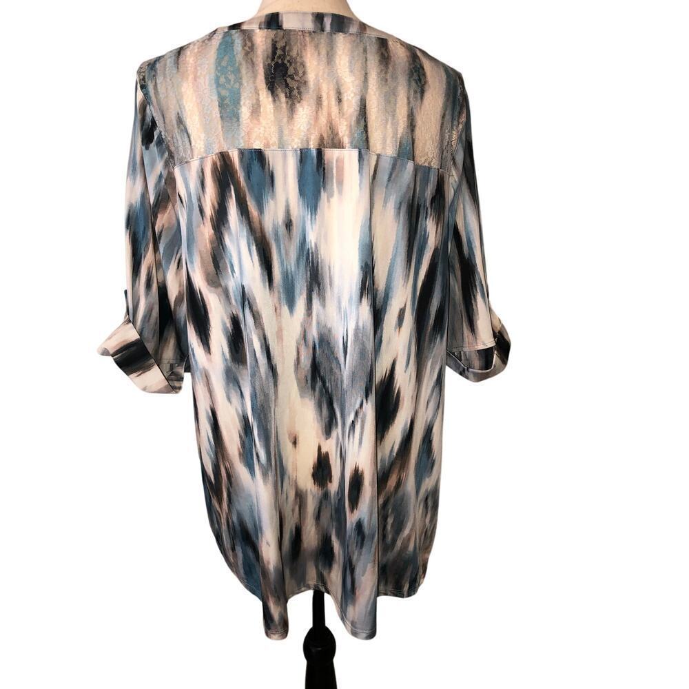 Tunic Top Size XL Lace Pleated Slinky Stretchy Knit Short Sleeve Blue Neutral - Picture 2 of 9